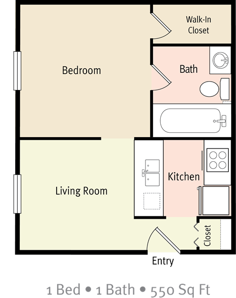 Floor plan for 1 bed, 1 bath, 550 sqft